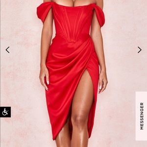 HOUSE OF CB - RED SATIN OFF SHOULDER DRESS